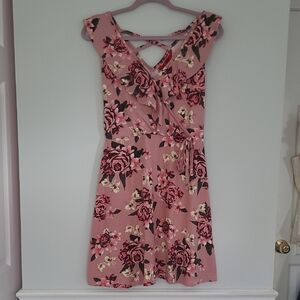 Hot Kiss Pink Floral Mini Wrap Sundress With Ruffles